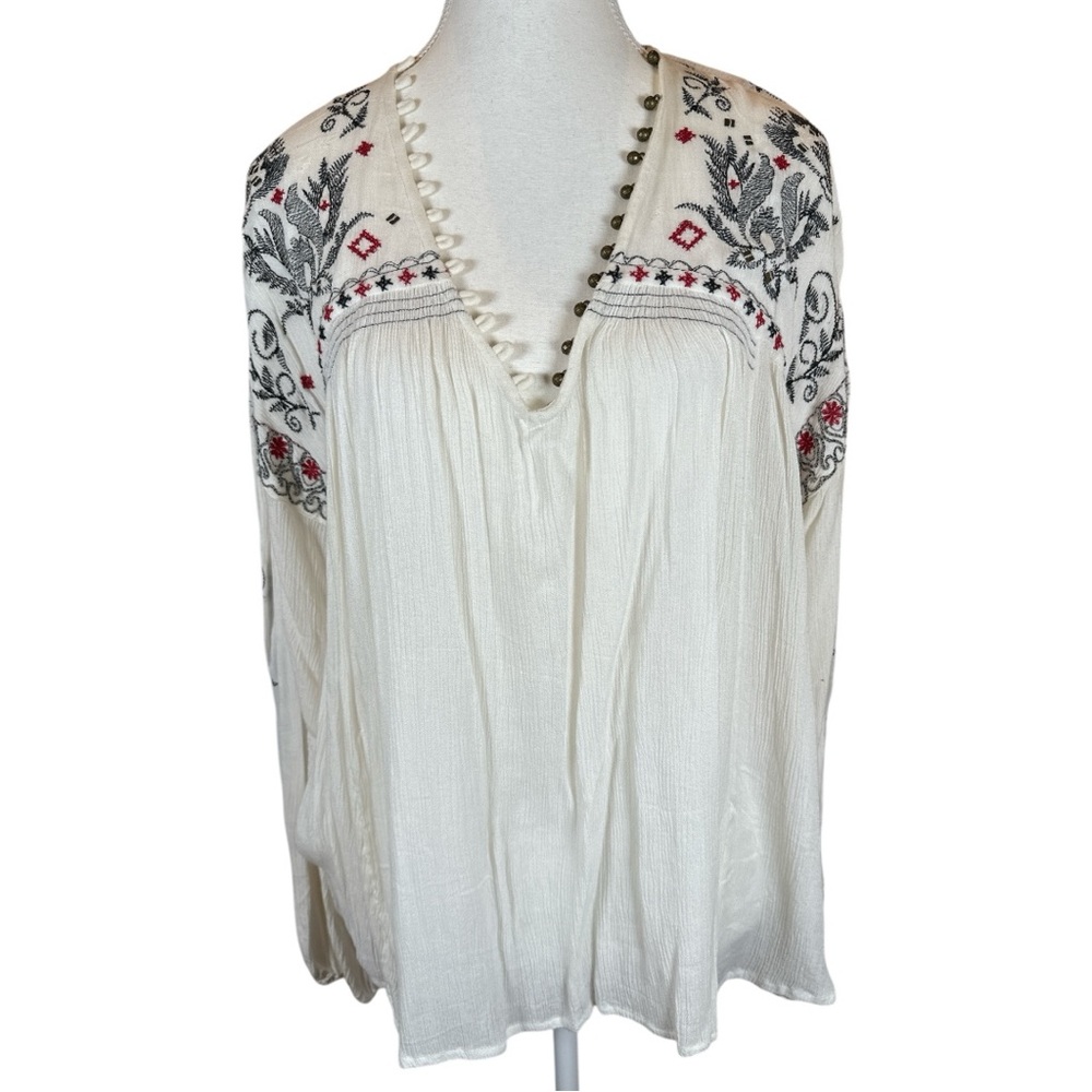 Free People White Blouse with Black and Red Embroidery